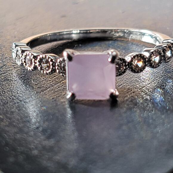 Elegant Rhodium-Plated Size 9 Ring with Square-Cut Pale Pink Gemstone - Picture 1 of 8